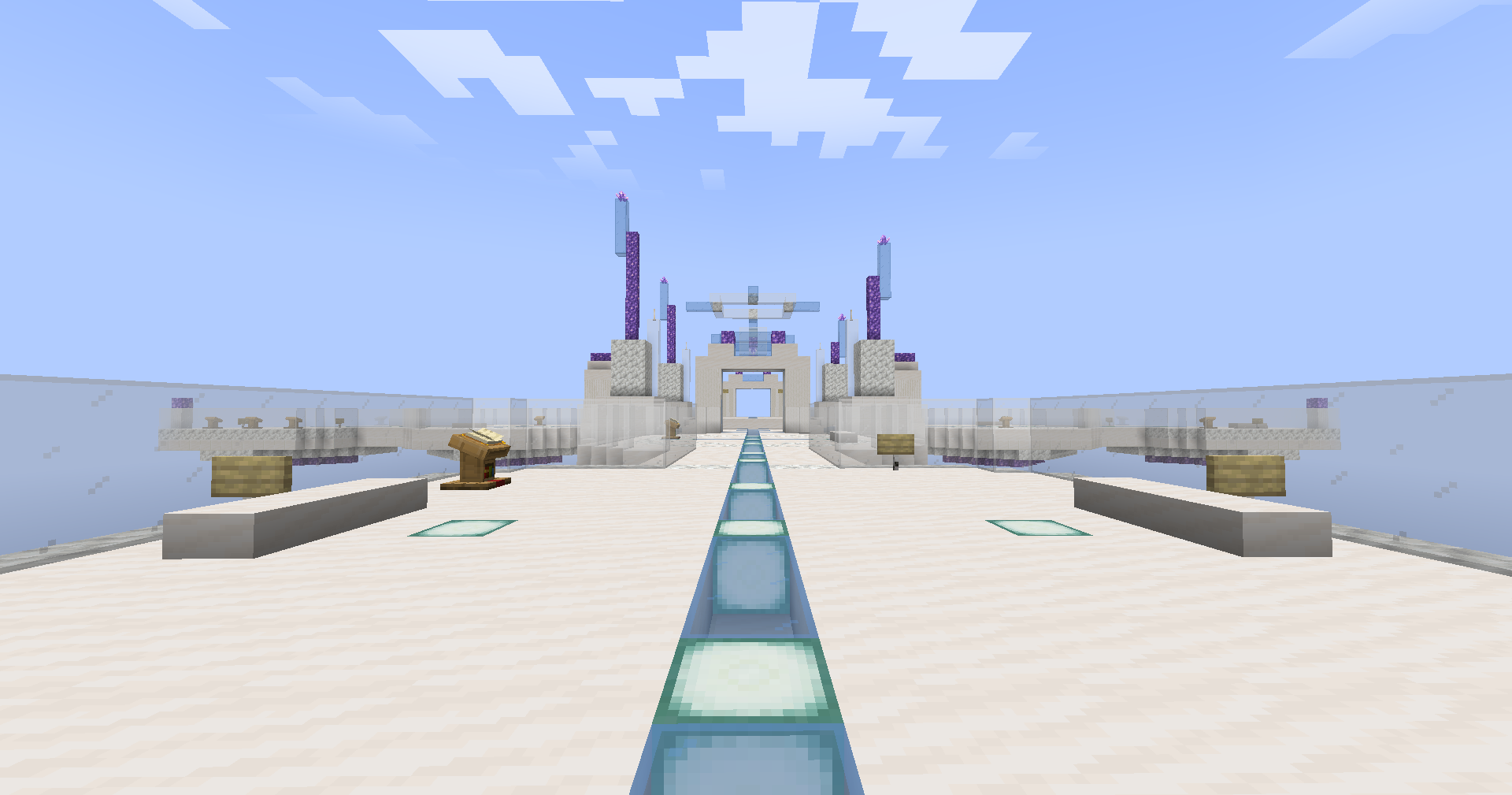 The Sanctuary V4.3 approach, with a blue illuminated path and white gateways.