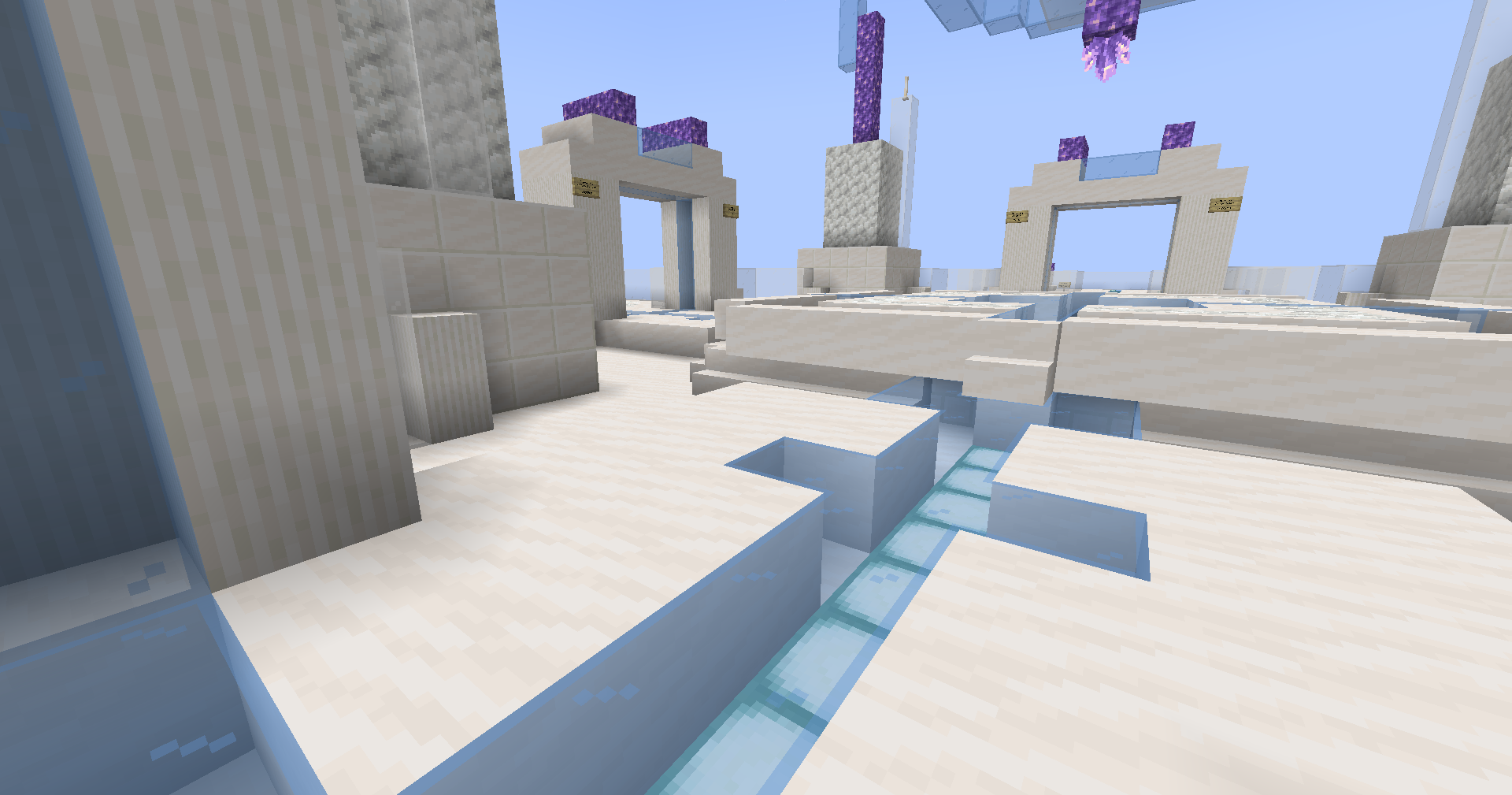 Pale stone, blue lighting and crystal detail at the central platform